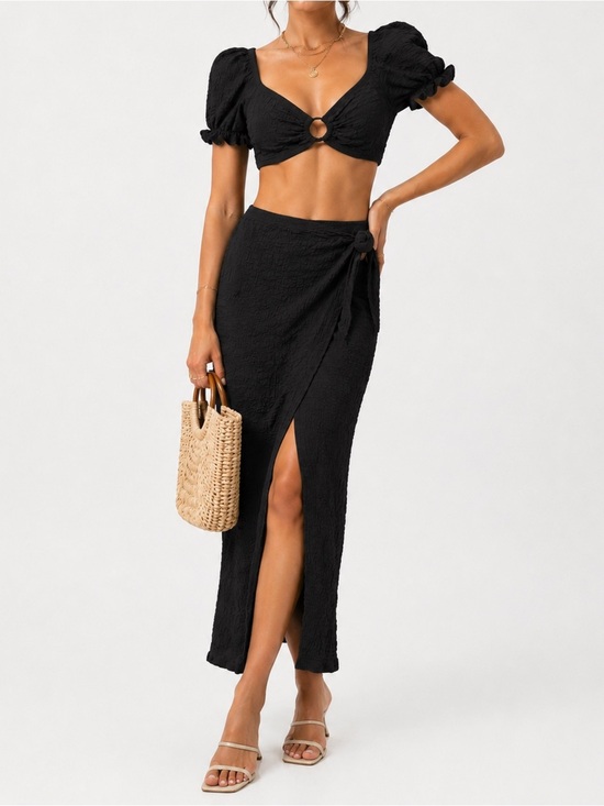 SHEIN Dresses & Skirts - Black Textured Two Piece Set Crop Top & Wrap Midi Skirt Boho Resort